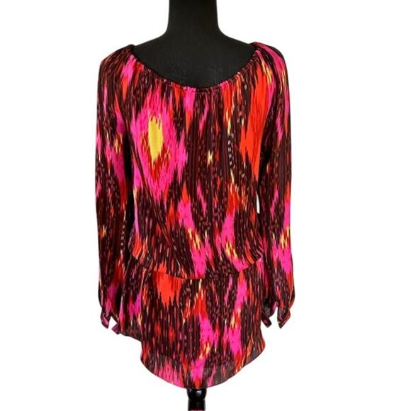 Haute Hippe Silk Ikat Geometric Print Mini Dress Long Sleeve Size Medium - Picture 4 of 8